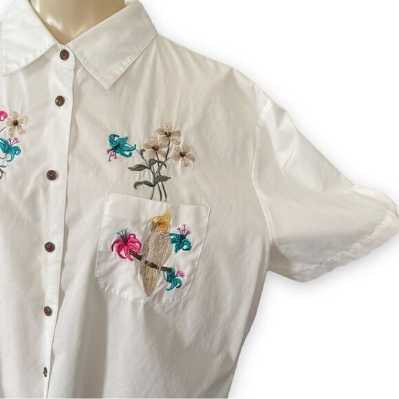 Karen Scott Sport Embroidered Embellished Flower Parrot Bird Short Sleeve Blouse - Picture 6 of 16